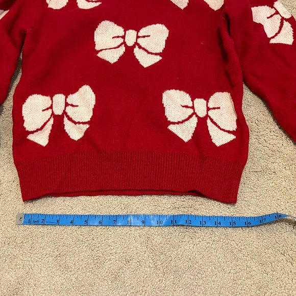 SHEIN | Warm Vibrant Red *Holiday Sweater* w/ White Bows | Slight Balloon Sleeve - Picture 6 of 11